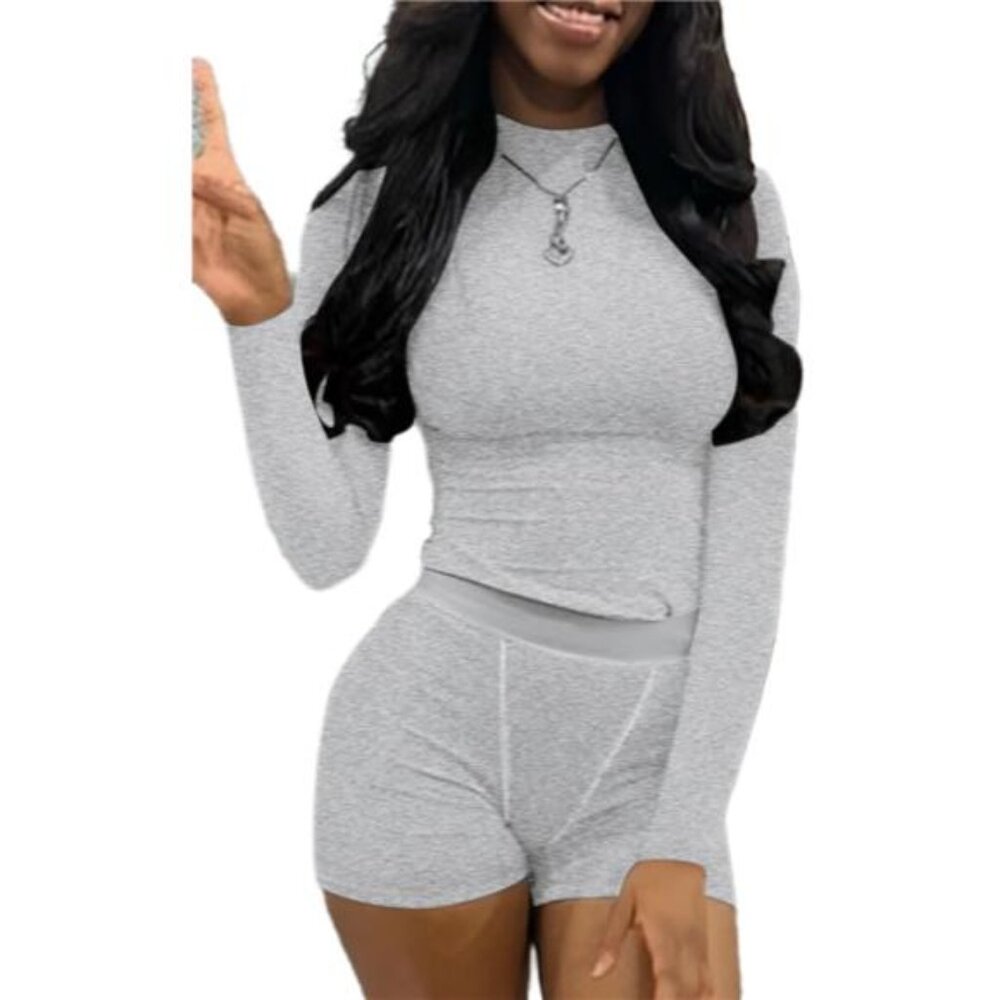 New Women's 2 Piece Outfits Ribbed Long Sleeve Fitted T-Shirt High Waist